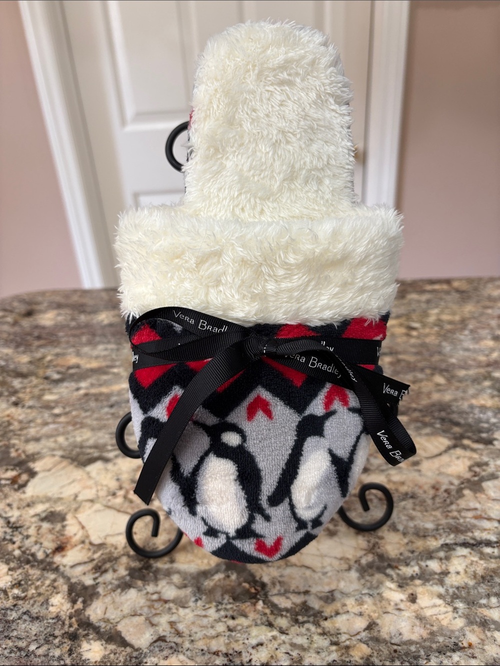 NWT Vera Bradley Cream Cuff Penguin Plush Slippers with Black/Red/Gray Pattern